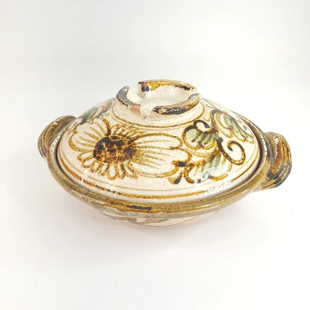 Signed Vintage Ceramic Clay Steam Pot Japanese Donabe Handcrafted Base & Lid
